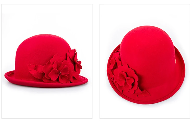 Sedancasesa Wool From Australian Felt Hat for Girls Child Bucket Hats With Flower Decoration Fedoras for Children 52cm