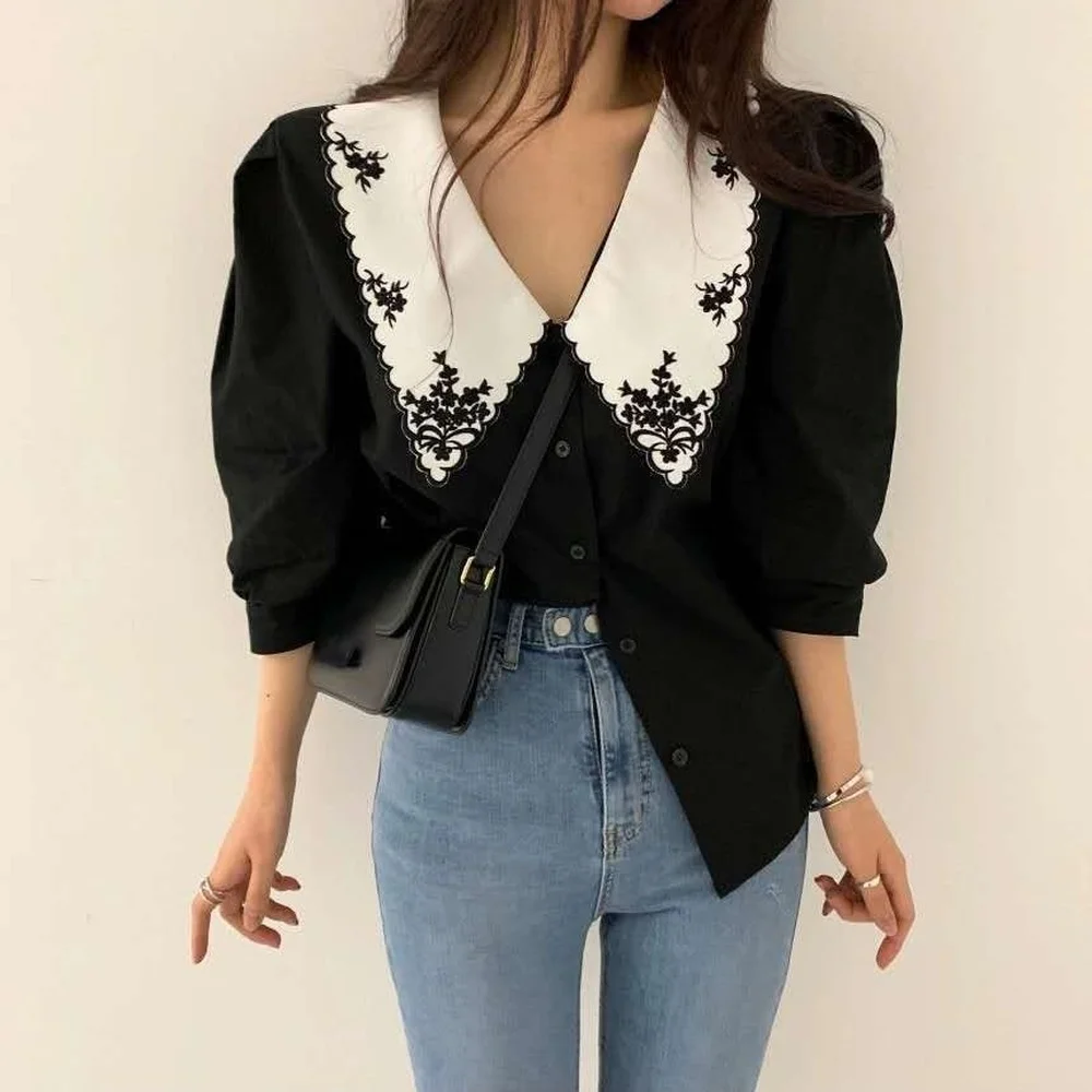 

Korean Style Retro Embroidery 2021 Chiffon Blouses Women Gentle OL Soild Color Leisure Chic Loose Sweet Casual Ladies Shirts New