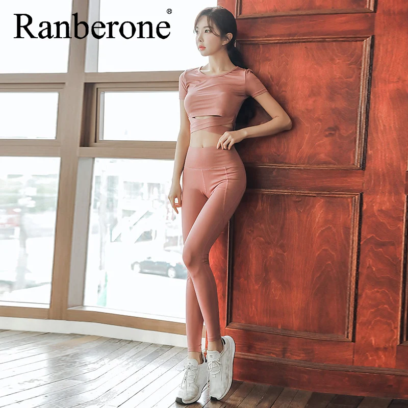 Ranberone 2 To 3 Piece Yoga Set Women Compressed Running Fitness Clothing Gym Cross Crop Top Sport Suit Workout Tracksuit 2021