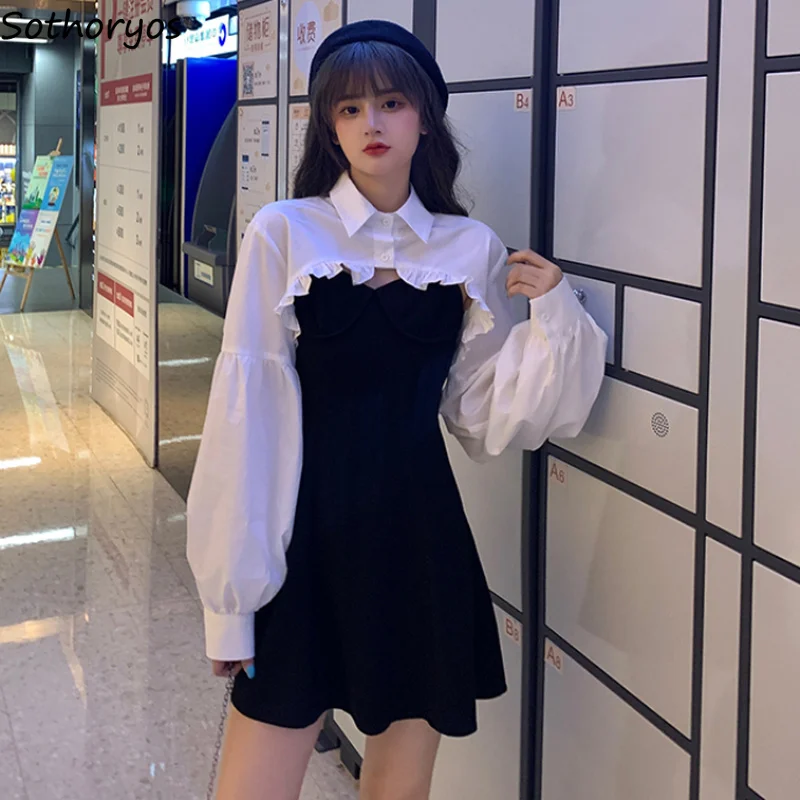 

Женские наборы весенней модной Простой Длинный фонарь рукав, отложной воротник, женская рубашка с v-образным вырезом в стиле ретро однотонн...