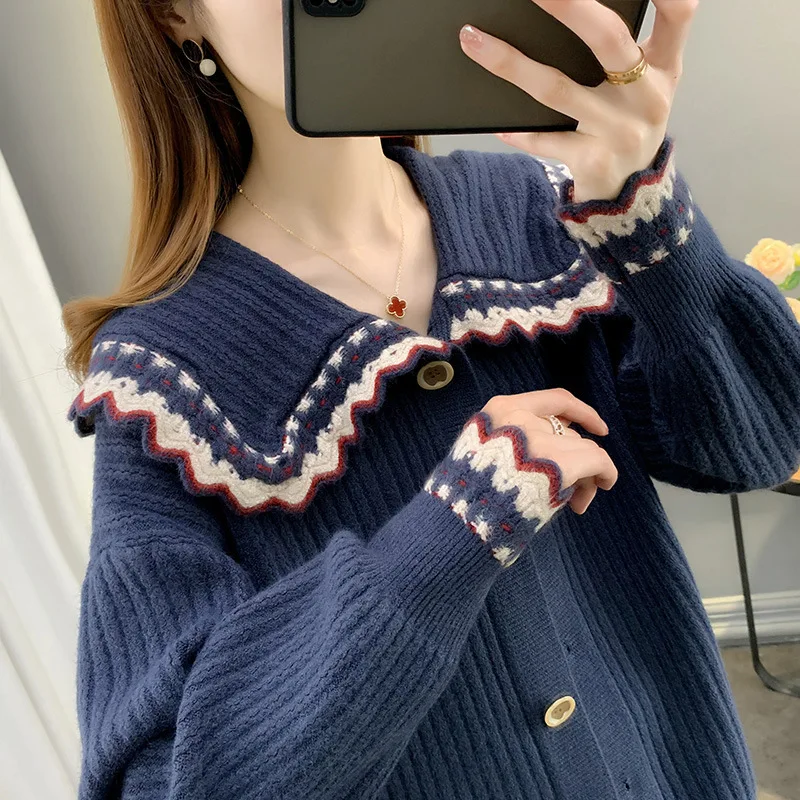 

Sweater jacket 2021 new doll collar lace knitted cardigan short loose outer wear spring and autumn outer wear