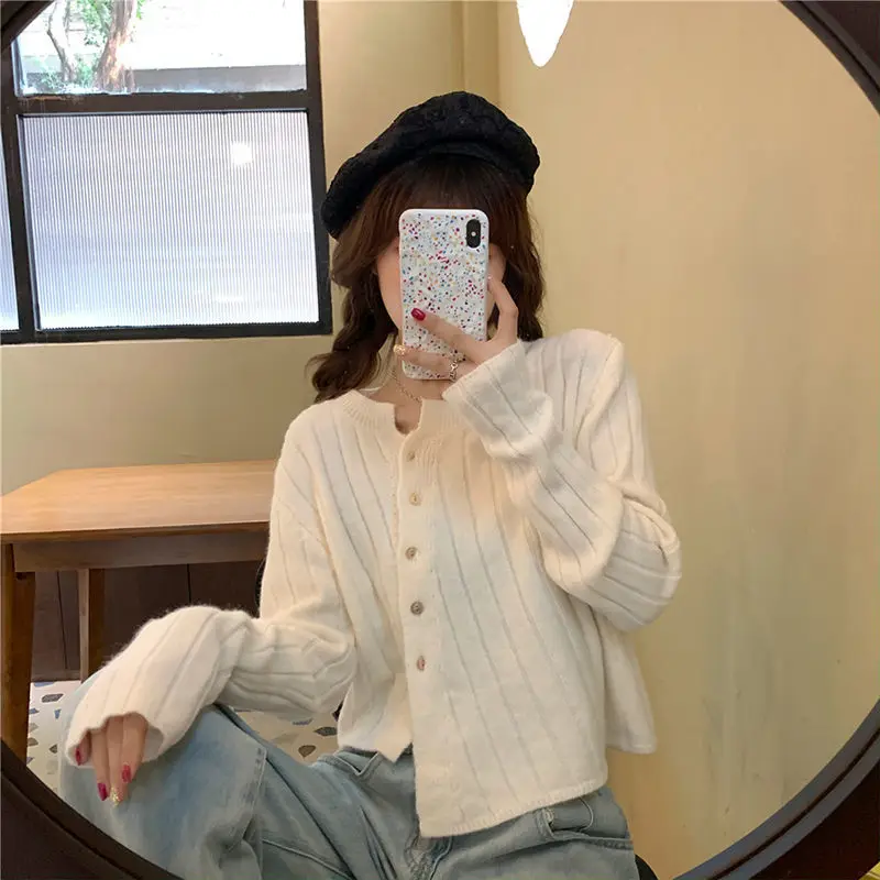 

Woman Sweaters Cardigan Irregular Diagonal Buckle Long Sleeve Cardigan Jacket Short Knitted Sweaters Clothing Sueters De Mujer