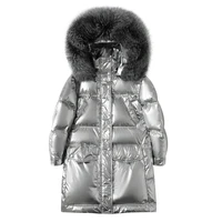 2021 winter glossy raccoon big fur collar hooded down jacket women silver long white duck down coat waterproof outerwear parkas