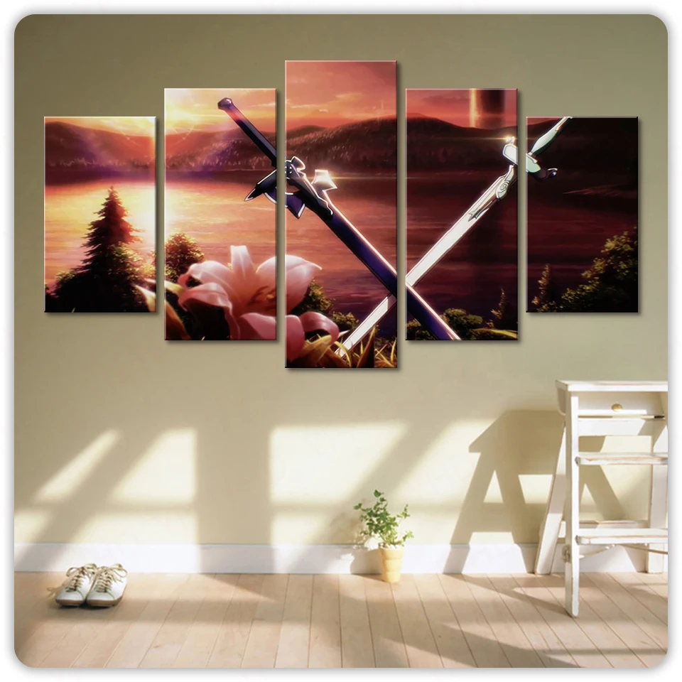 

Home Decor Canvas Printed Poster 5 Pieces Sword Art Online HD Painting Wall Art Modern Pictures Living Room Modular Framework