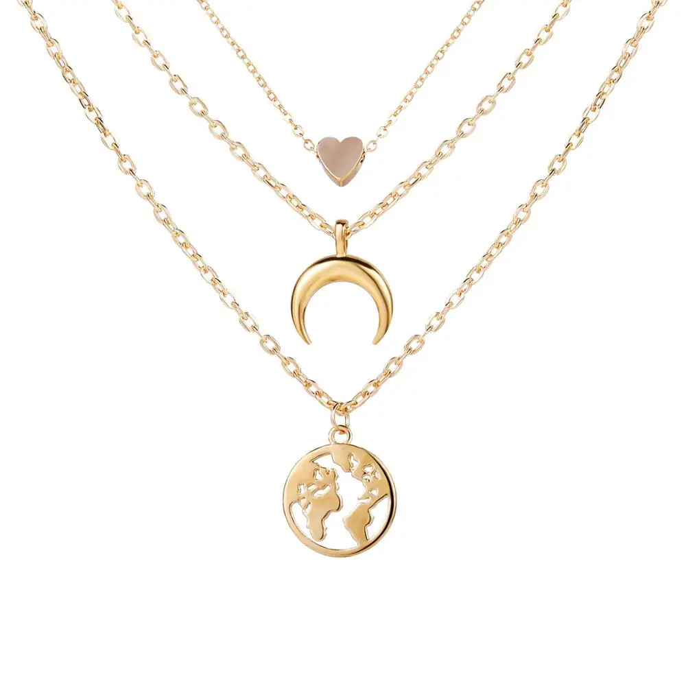 

Multilayer Heart Shaped Moon Fashion Necklace Jewelry Vintage Metal Gilded Pendants Bohemian Necklace Women Romantic Accessories