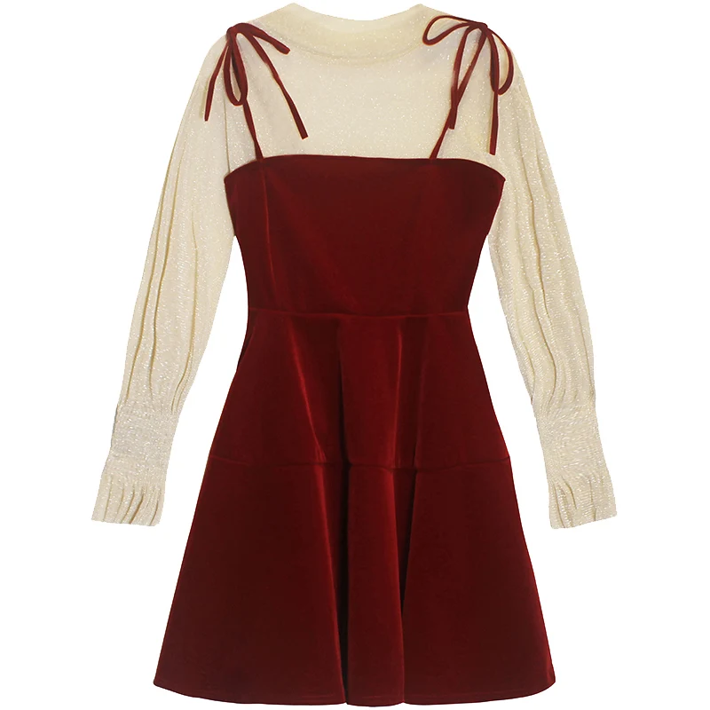 

2020 New Women Beautiful Transparent Lantern Long Sleeves Tops+ Dress Set 2pcs Suit Party Birthday Gift G1356