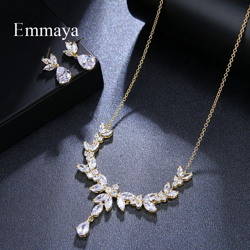 Emmaya Vivid Leaves-shape Dazzling Wedding Costume Accessories CZ Crystal Colorful Gift Earrings And Necklace Jewelry Sets | Украшения и