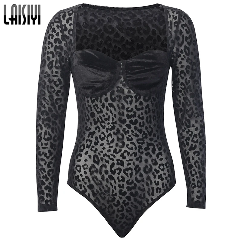 

LAISIYI Mesh Leopard Mesh Bodysuit Black Sexy Bodysuit For Women Square Collar Long Sleeve Bodysuits One Piece Body Female 2020