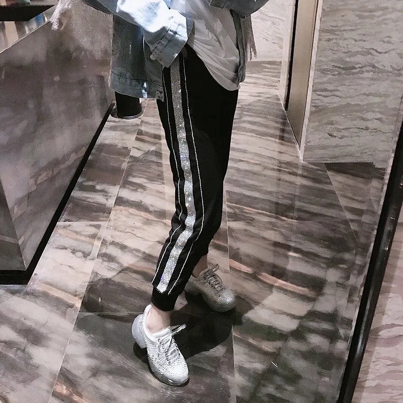 Женские шаровары со стразами готические эластичные повседневные брюки с высокой