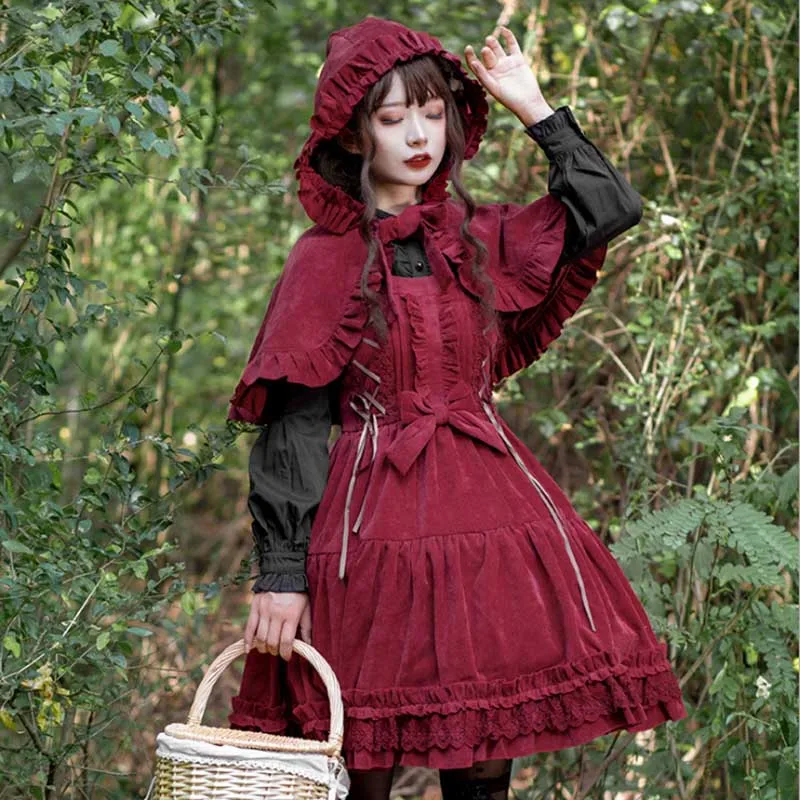 Red full set Готическое платье в стиле Лолиты, женское винтажное приталенное вельветовое платье с высокой талией и бантом, с накидкой для девушек, большие размеры - Цвет: Red full set