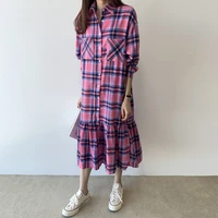 womens v neck long sleeves pockets buttons checked cotton and linen casual loose long skirt