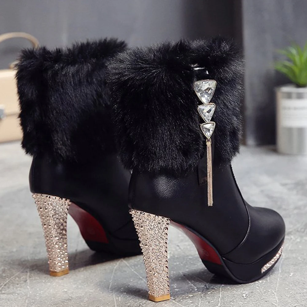 KARINLUNA/Зимние ботильоны на высоком каблуке Женская Теплая обувь платформе с