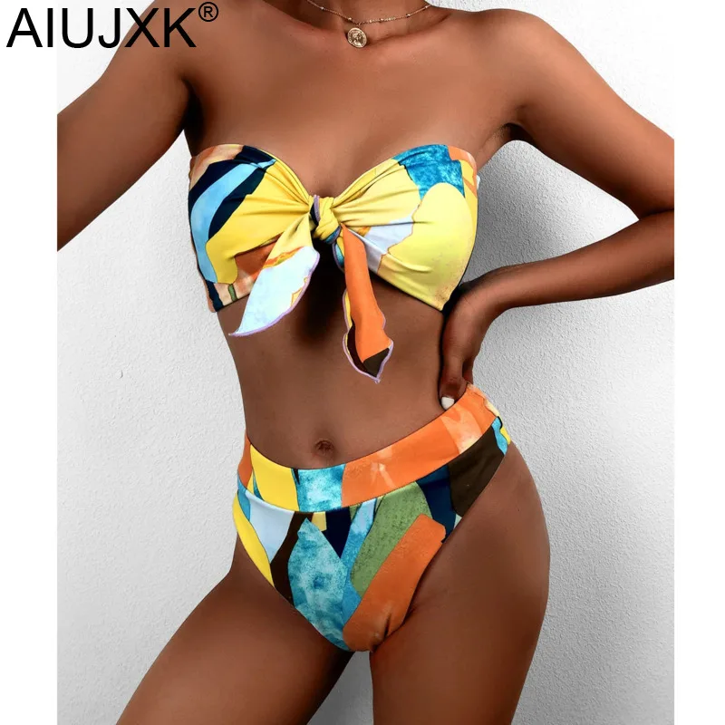 

Бикини с высокой талией, 2021, купальник-бандо, женская пляжная одежда с принтом, купальный костюм с открытыми плечами, лето, Новинка