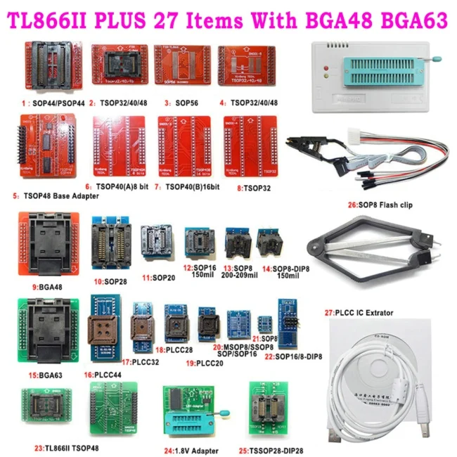 TL866II Plus 27Items Minipro TL866II плюс универсальный программатор биоса+ 27 элементов IC BGA48 BGA63 адаптеры лучше, чем TL866A TL866CS USB программатор - Цвет: TL866II Plus 27Items
