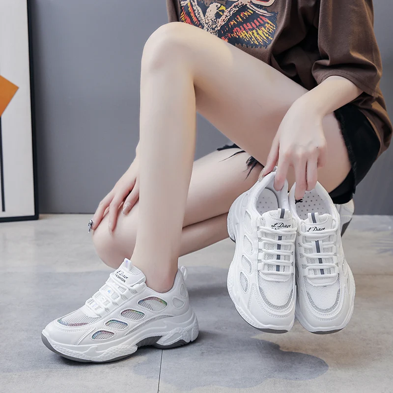 

Womens Sneakers White Summer Shoes Tennis Female Platform Roses 2021 Trainers Fashion Thick Sole Mesh Heels Rubber Lace-Up Cotto