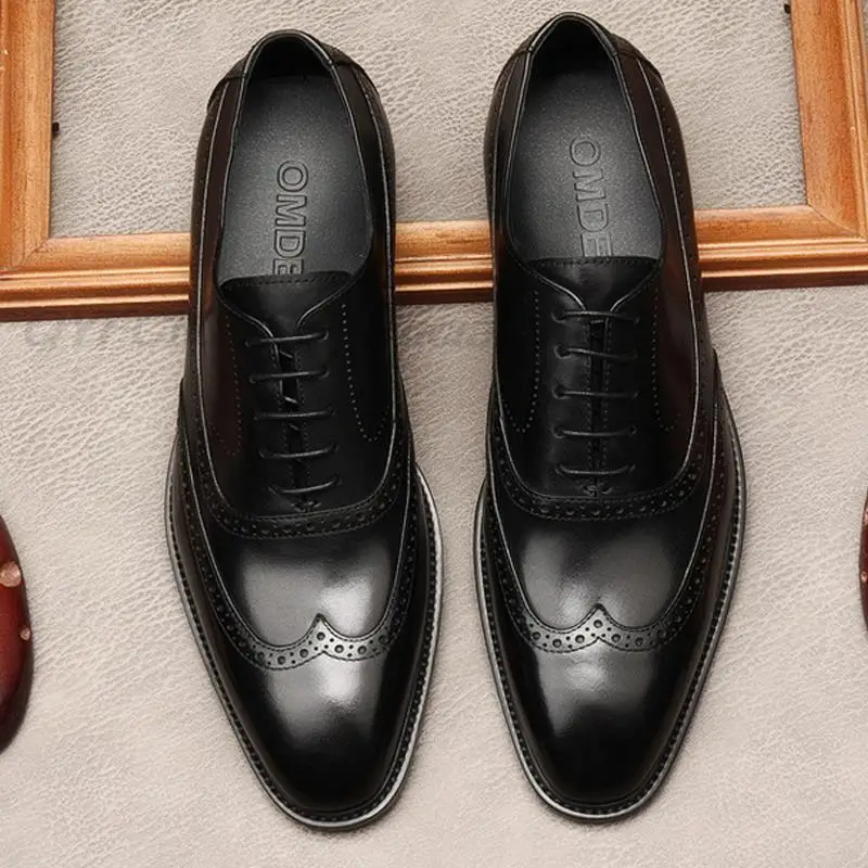 

Туфли-оксфорды мужские классические, натуральная кожа, броги, на шнуровке, заостренный носок, деловые, размеры 6-12