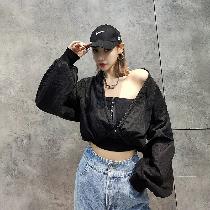 

2021 Spring Summer New Chic Corset Women V Neck Thin Coat Streetwear High Waist Bat Sleeve Splice Solid Color Ladies Casual Tops