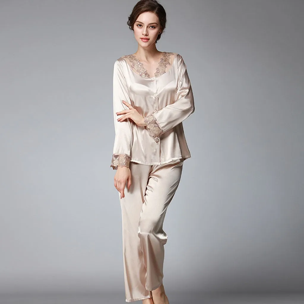 Шелковая атласная Женская пижама пижамный комплект с длинным рукавом одежда для