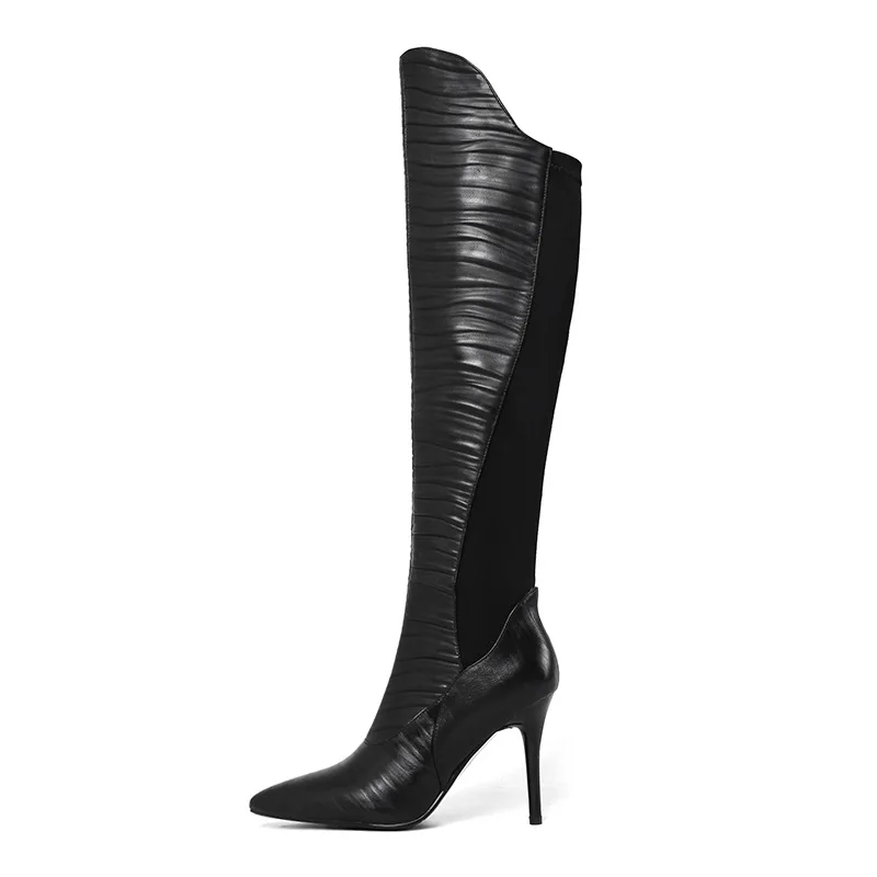 

Autumn Winter New Black Plus Size Pleated Decor Boots Women Europe America Sexy Stiletto High Boots Stretch Knee Length Boots