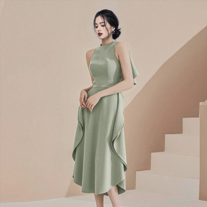 

Summer Women's Green Strapless Dress Ladies Elegant Midi Dress Sexy Backless Ruffle Design 2021 Korean Style Female Vestidos