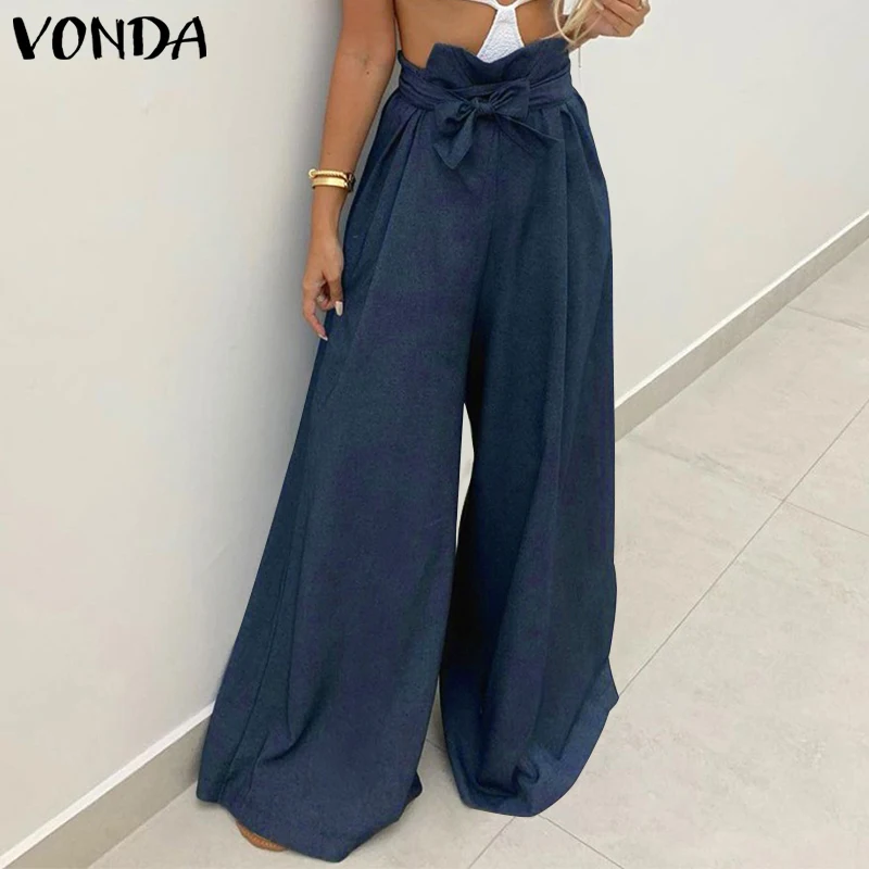 

Casual High Waist Pants 2021 VONDA Office Ladies Wide Leg Pants Women Trousers Casual Belted Sweatpants Pantalon Femme