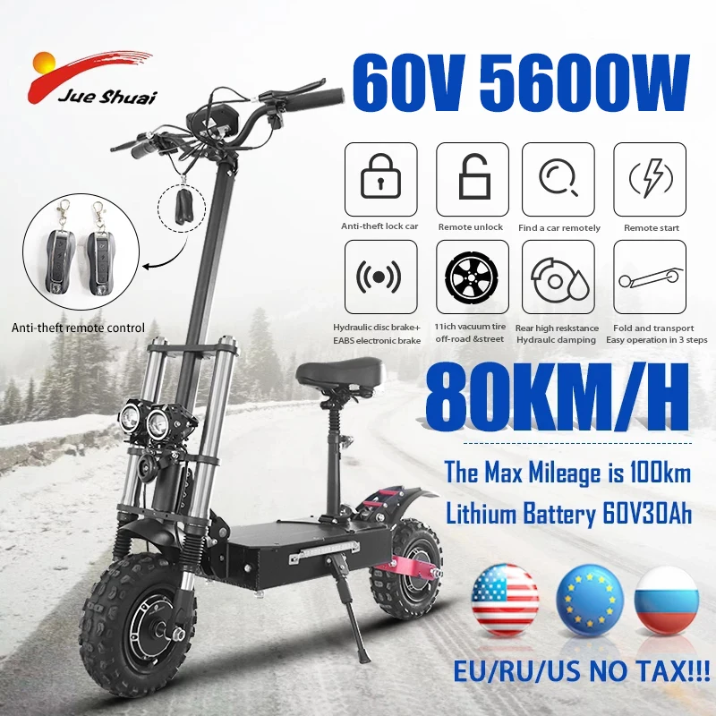 

Dropshipping 80km/h Fast Speed E scooter Dual Motor 5600W 60V Off Road Fat Tire Electric Trotinette 80 km/h Skateboard with Seat