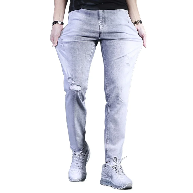 

Straight Baggy Jeans Men 2021 Summer Casual Streetwear Gray Ripped Stretch Denim Pants