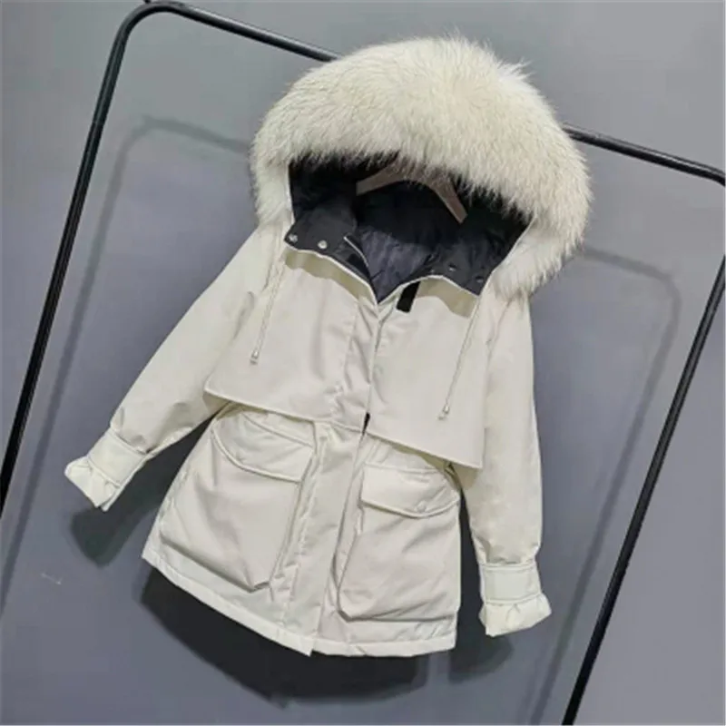 Campera pluma mujer, пуховик на утином пуху, женская зимняя теплая куртка с натуральным меховым воротником и капюшоном, негабаритный пуховик, пуховая куртка, D469