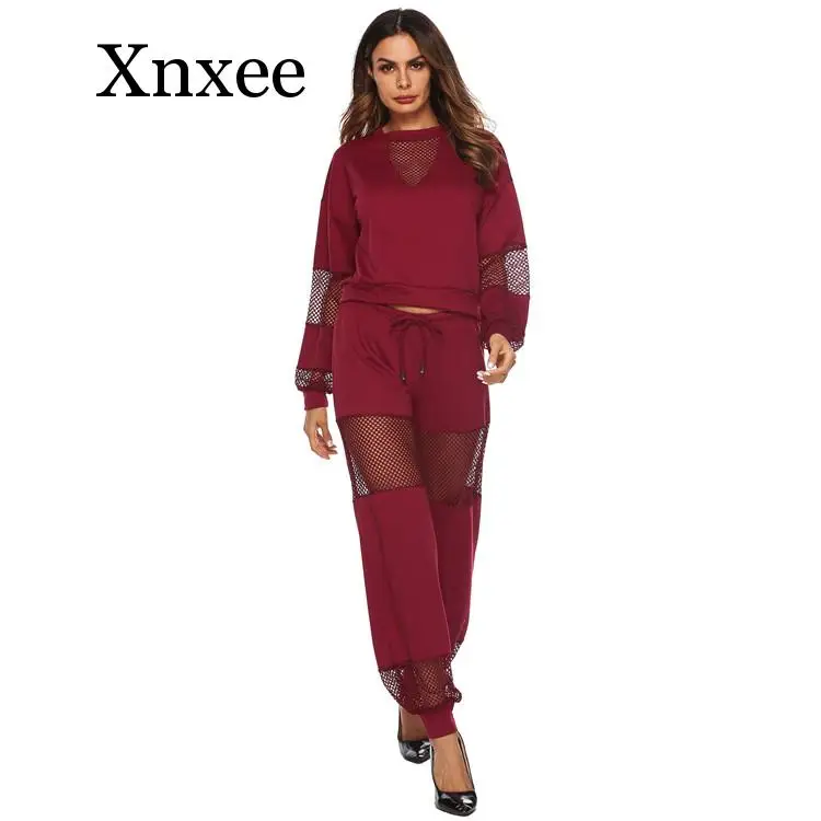 

Спортивная одежда, пикантная модная женская ажурная блузка с круглым вырезом и широкими штанинами, повседневный спортивный костюм из двух ...