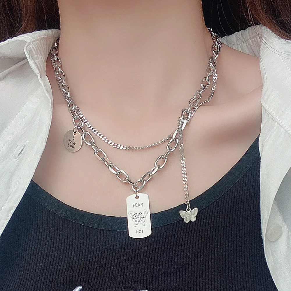 

Punk Style Design Sense Titanium Steel Metal Texture Cold Wind Couple Hop Red Ins Jump Di Nightclub Butterfly ForWomen Necklace