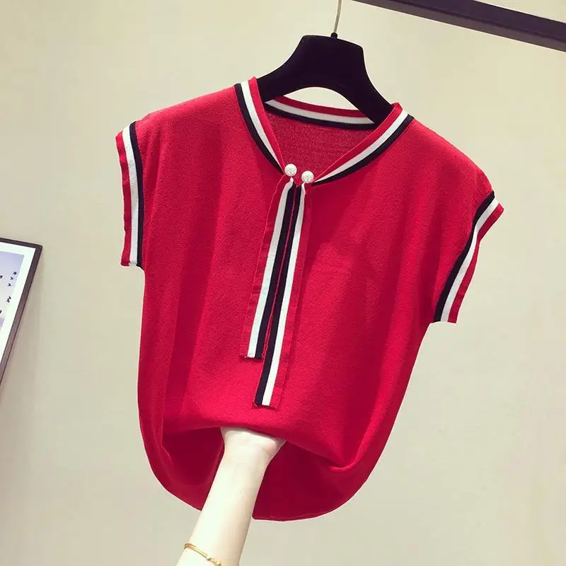 

Korean versatile sleeveless knitted T-shirt women's top summer new loose thin net red T-shirt