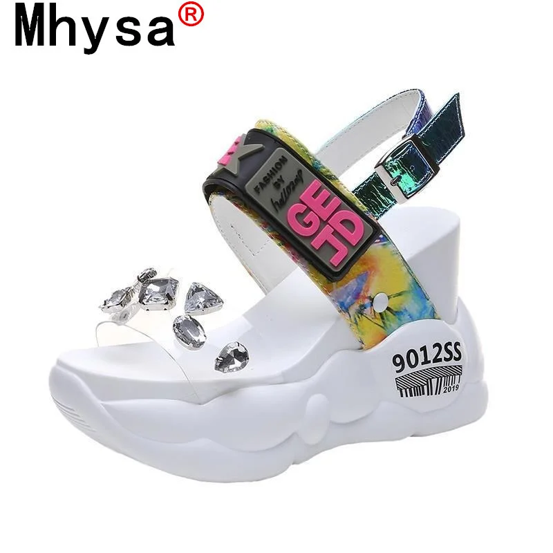

New Platform Rhinestones Women Outdoor Open Toe Sandals 2021 Summer Fashion Wedges Transparent High Heel Sandals Shoes for Woman