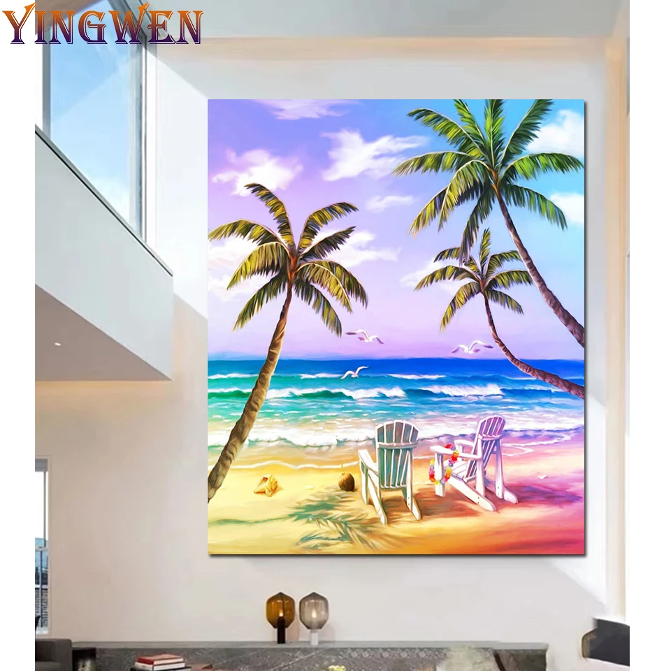 

Full Drill 5D Diamond Painting Art Seaside Diamond Embroidery Landscape Coconut Tree Rhinestone Kit 3D Mosaic Picture Home Decor