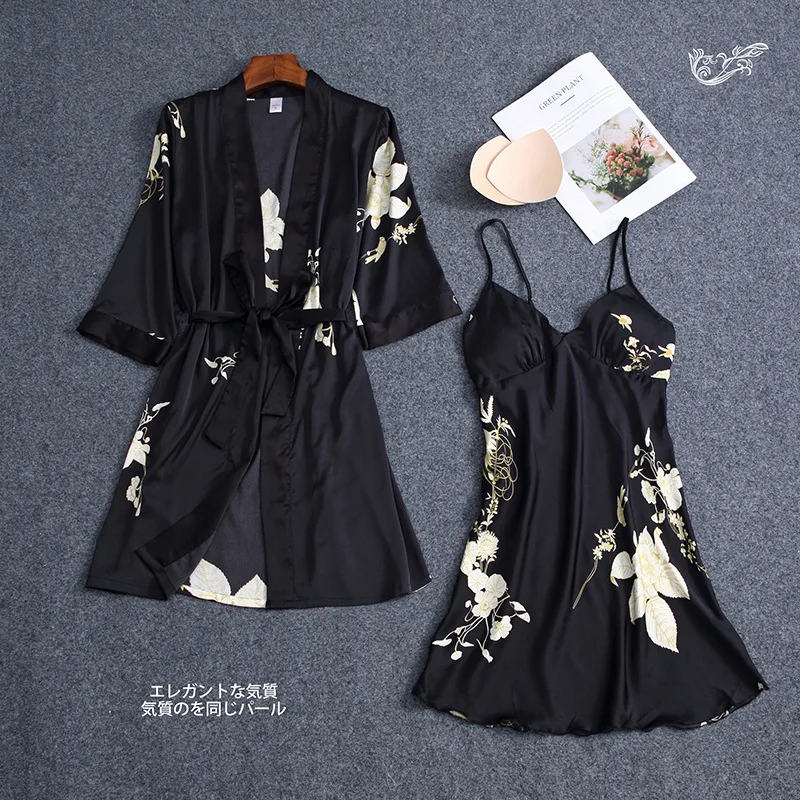 Summer Women Print Robe Set With Belt Chest Pad Sexy Bathrobe Satin Soft TPyjamas Sling Robe 2pcs Pajamas Sleepwear Lounge Set