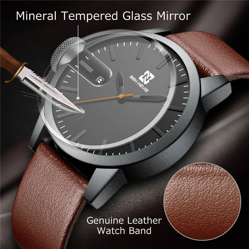 

2021 New BENNEVIS Men's Quartz Watch Top Luxury Brand Wristwatch Men's Business Fashion Leather Waterproof Calendar Wristwatches