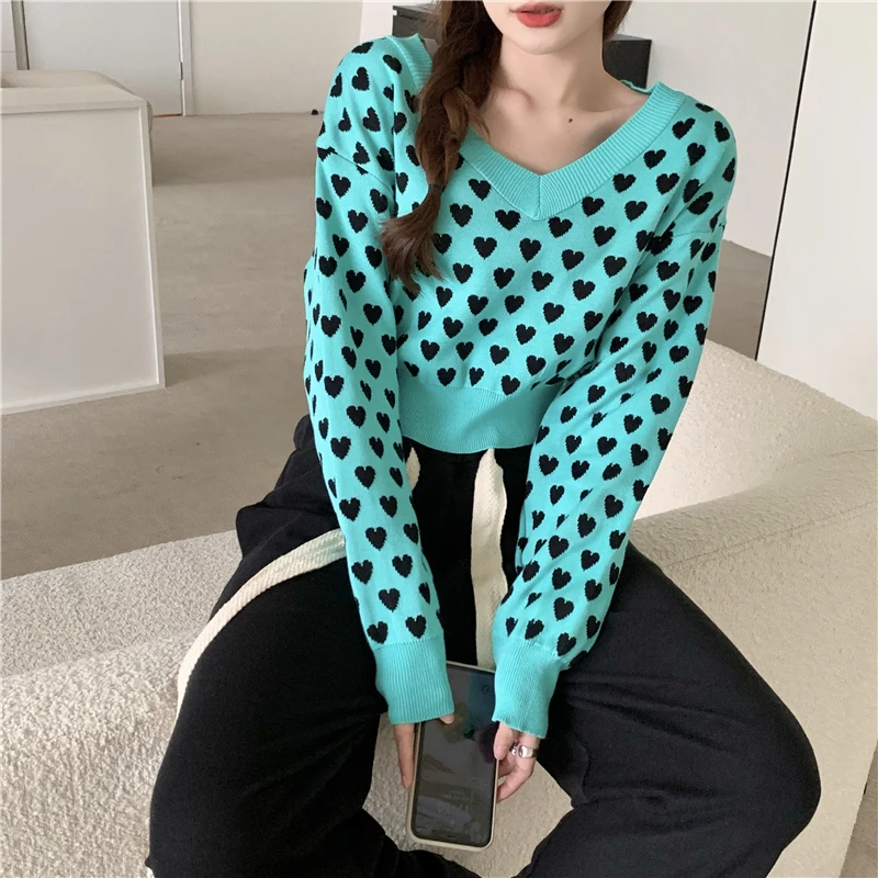 

Fashion Loving Heart Pattern Cropped Sweater for Women Autumn Winter Long Sleeve Loose V-Neck Pullovers Jumpers YOU1504
