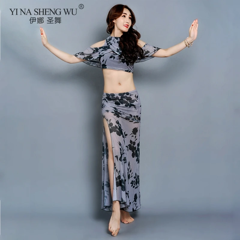 

New Summer Belly Dance Costume Set Design Sexy Strap Blouse Long Harem Pants Side Split Dancewear Dark Green Practice Clothes