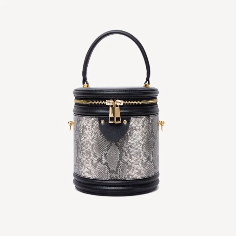 

New Women Circular Bag High Quality Leather Snake Print Small Bucket Bag Solid Color Mini Tote Shoulder Crossbody Bags Female