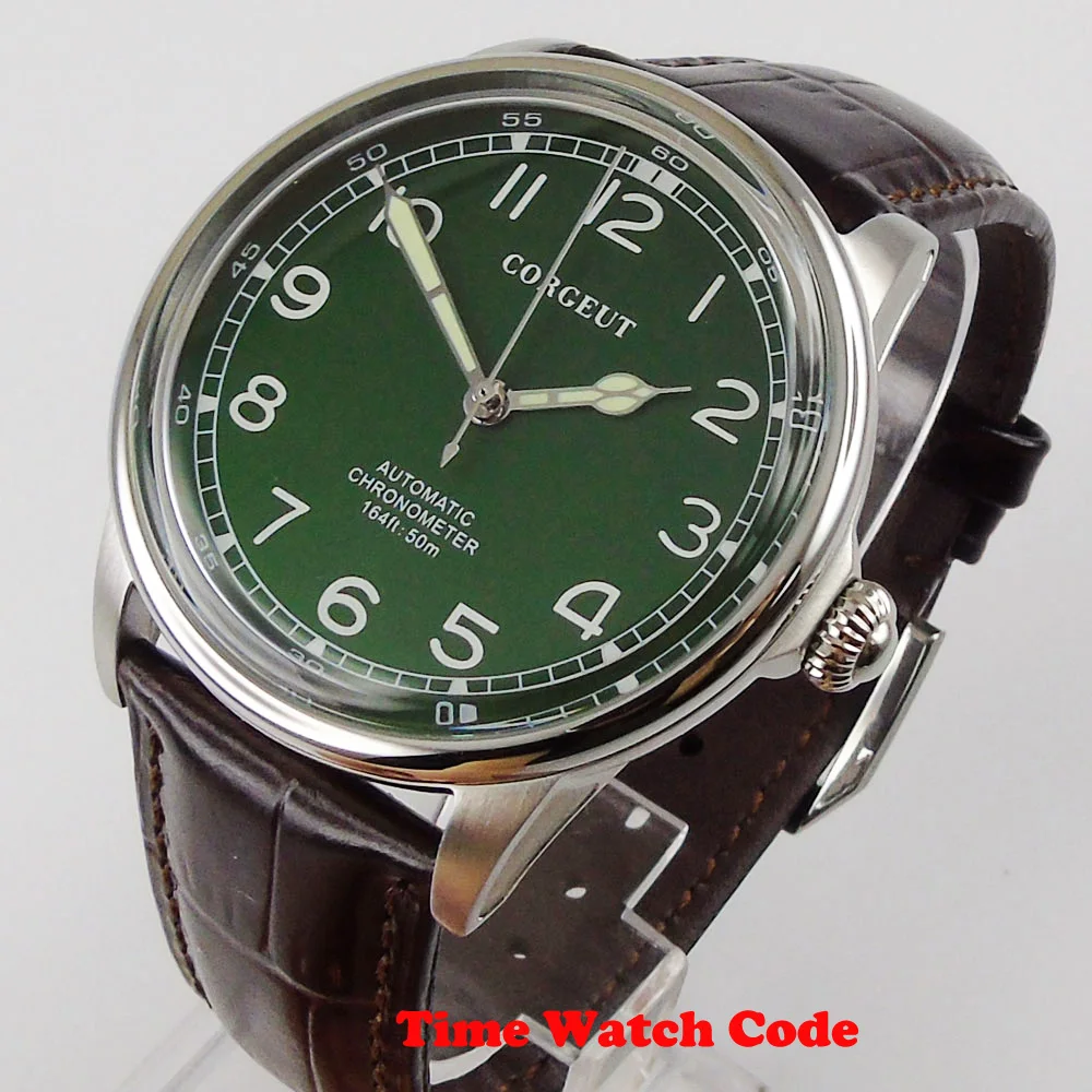 

CORGEUT 41mm Automatic Men's Wristwatch Miyota 8215 green dial luminous hands brown leather strap polished bezel Arabic numerals
