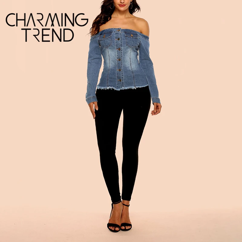 Блузка женская джинсовая с длинным рукавом шикарная пикантная рубашка из денима