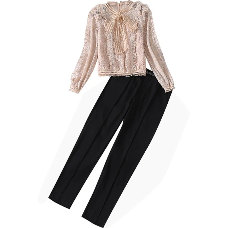 

2021 Women's Spring Clothing New Fashion Outfit Long Sleeve Hollow Lace Shirt Suit Casual Cropped Pants Woman Pants