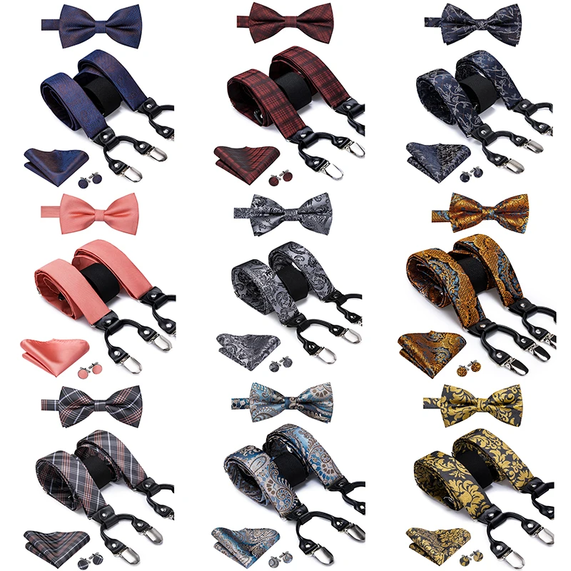 

Hi-Tie Silk Men's Suspender and Bow Tie for Adult Men Leather 6 Clips Braces Vintage Floral Paisley Suspender Set for Wedding
