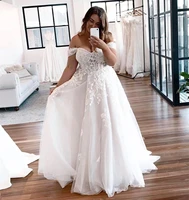 plus size wedding dress off the shoulder a line floor length lace appliques tulle bridal gowns princess vintage robe de mariee