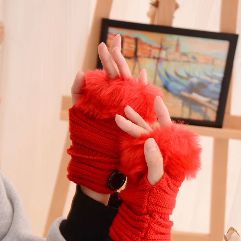 

Women Girl Gloves Warm Winter Faux Rabbit Fur Wrist Fingerless Gloves Mittens Female Wool Blend Knitted Crochet Gloves