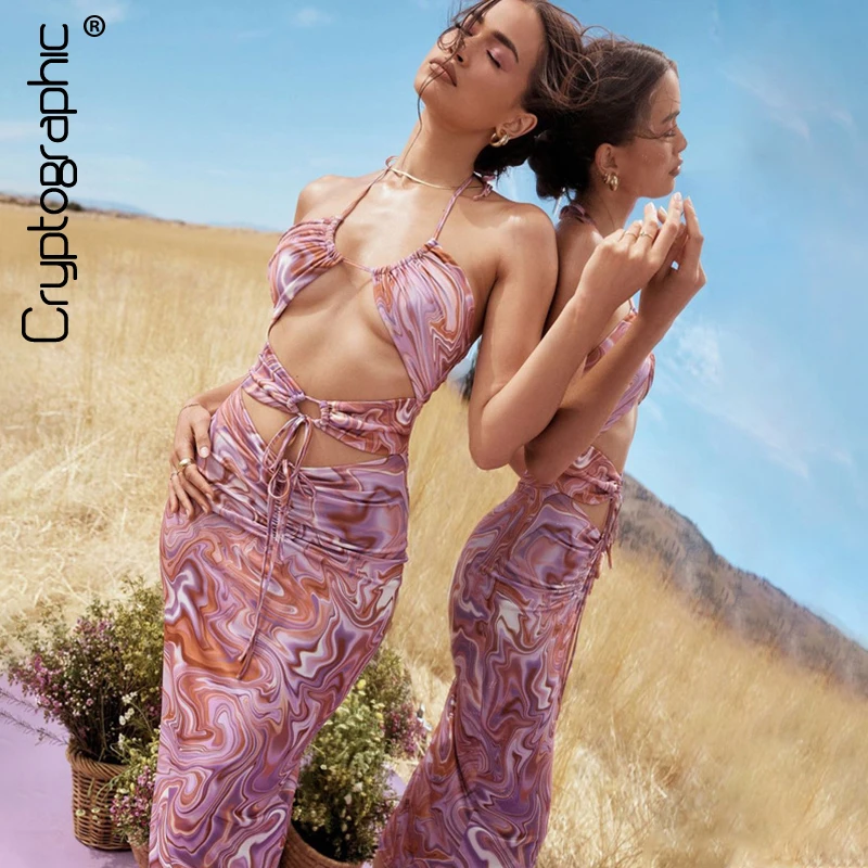 

Cryptographic Swirl Print Summer Cut Out Halter Bandage Sexy Ruched Midi Dress Sleeveless Backless Elegant Dresses Club Party