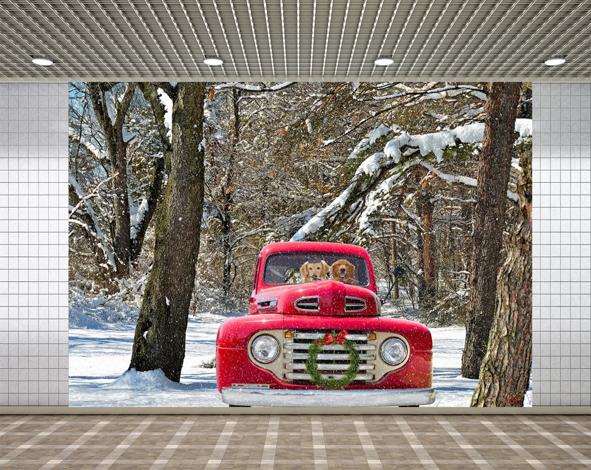 

Lyavshi Рождественский красный автомобиль Фон фотографии Дерево dog snow венок зимний фон с изображением леса фотобудка для фотосессии Декор