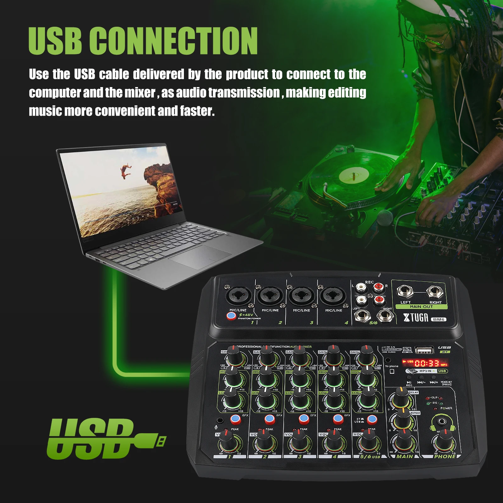 XTUGA Mixer Audio DJ Console with Mobile Phone Live Broadcast Function,Bluetooth,Monitoring,USB for PC Recording,Live Broadcast enlarge