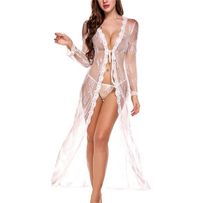 

New Erotic Perspective Sexy Nightgrown Women Lace Babydoll Robe Floral Print Sexy Long Dress Erotic Lace Underwear