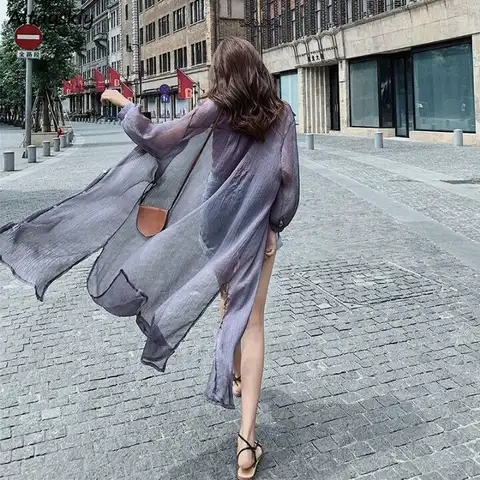 Women Blouse Sun Protection Fashion Long Lantern Sleeve Outerwear Sheer All-match Thin Beach Street Comfort Korean Style Leisure
