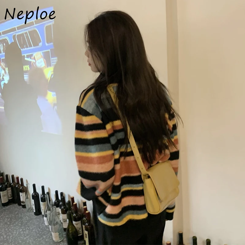 

New Autumn Rainbow Stripes Sweater Women Knitted O-neck Long Sleeve Cardigan Vintage Outer Wear Casual Loose Tops Jackets Female